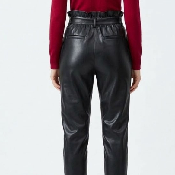 Who What Wear Black Faux Leather Paperbag Waist Wide Leg Pants Size 4 - Picture 2 of 12